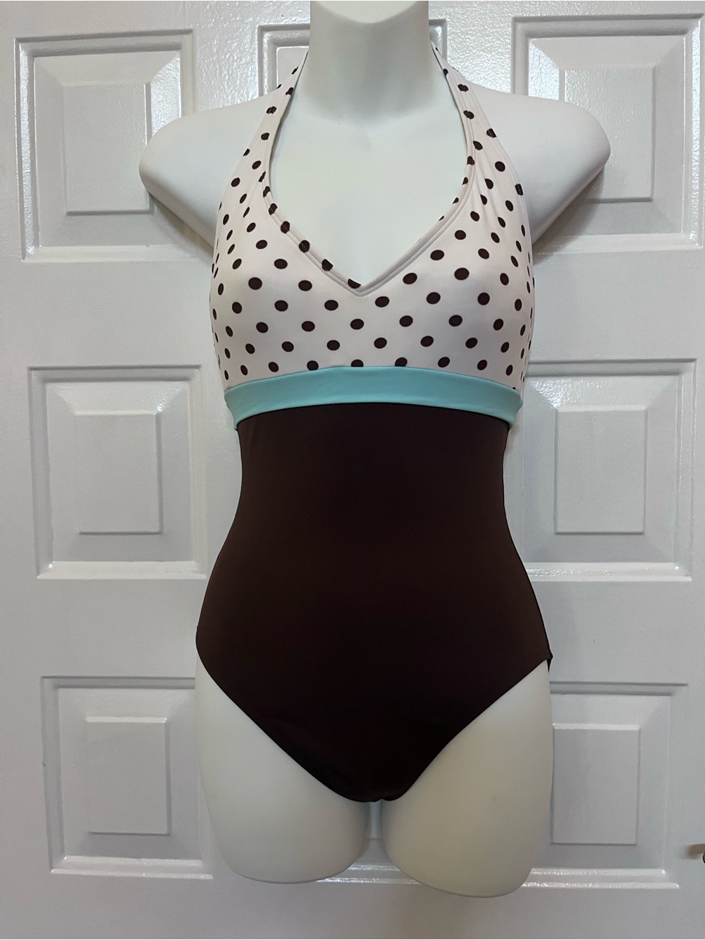 Ann Cole Size 6 One Piece Swimsuit Halter Top Brown Turquise Polka Dots 
Padded